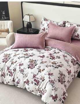 Lenjerie de Pat 2 Persoane, Tip Finet, 6 Piese, Cearșaf cu Elastic, Roz & Crem, Jojo Home, FNJE-264
