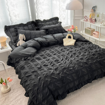 Lenjerie de pat creponata, 100% bumbac, 2 persoane, 6 piese, negru, CRJ-10