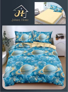 Lenjerie de pat cu elastic 2 persoane | bleu cu planete | 4 piese | Policoton fin | Johnny Home