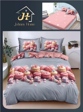 Lenjerie de pat cu elastic 2 persoane | gri si roz cu macarons | 4 piese | Policoton fin | Johnny Home