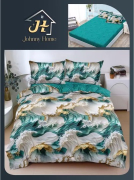Lenjerie de pat cu elastic 2 persoane | turcoaz si alb cu model abstract | 4 piese | Policoton fin | Johnny Home