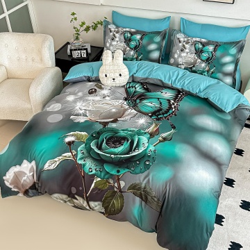 Lenjerie de pat finet 5D cu fluture turcoaz și trandafir decorativ pe fundal gri