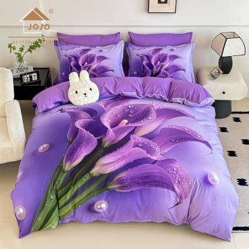 Lenjerie de pat dublu din finet 5D Purple Calla JOJO HOME – Mov Lavandă cu Flori Cala – 6 piese cu cearceaf elastic