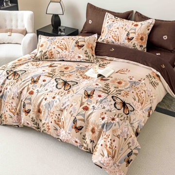 Lenjerie de pat finet cu elastic, 6 piese, crem și maro, fluturi, JoJo Home, FNJE-269