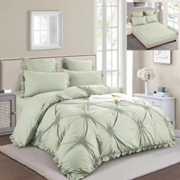 Lenjerie de pat uni cu pliuri si broderie, tesatura tip finet, 6 piese, pat 2 persoane, verde salvie, T1-09