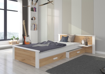 Pat copii ADRK ALDEX – 80x180 cm – cu somieră inclusă – cu ladă de depozitare – Alb / Stejar Auriu – 139