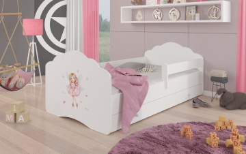 Pat copii ADRK CASIMO – 80x160 cm – cu somieră inclusă – cu ladă de depozitare – cu barieră de protecție – Fetiță cu aripi – Alb