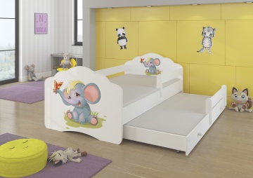 Pat copii ADRK CASIMO II – 80x160 cm – cu somieră inclusă – cu barieră de protecție – Elefant – Alb
