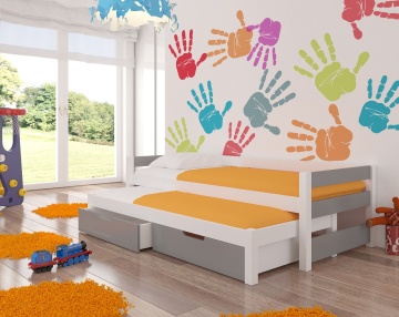 Pat copii ADRK FRAGA – 90x200 cm – cu somieră inclusă – cu ladă de depozitare – Alb / Gri