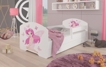 Pat copii ADRK PEPE – 70x140 cm – cu somieră inclusă – cu ladă de depozitare – cu barieră de protecție – Fetiță cu aripi – Alb – Varianta 2