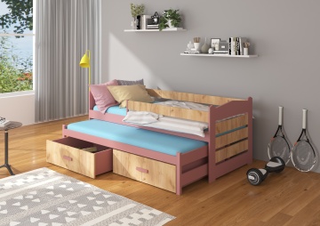 Pat copii ADRK TIARRO – 80x180 cm – cu somieră inclusă – cu ladă de depozitare – cu barieră de protecție – Roz / Stejar Auriu – SKU CH-Tia-P+OGOLD-186-E1355