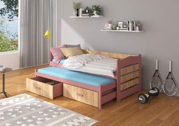 Pat copii ADRK TIARRO – 80x180 cm – cu somieră inclusă – cu ladă de depozitare – Roz / Stejar Auriu – SKU CH-Tia-P+OGOLD-186-E1334