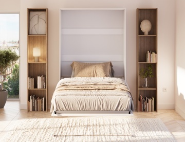 Pat rabatabil ADRK Vivario 120 – 120x200 cm – Alb – deschis cu lenjerie bej în ambient, vedere frontală