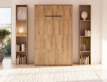 Pat rabatabil ADRK Vivario 120 – 120x200 cm – Stejar Artisan – deschis cu lenjerie bej în ambient, vedere frontală