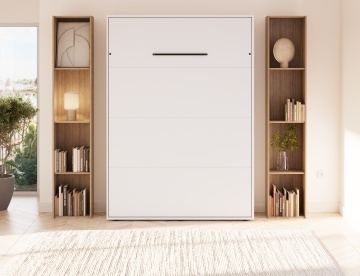 Pat rabatabil ADRK Vivario 140 – 140x200 cm – Alb – deschis cu lenjerie bej în ambient, vedere frontală