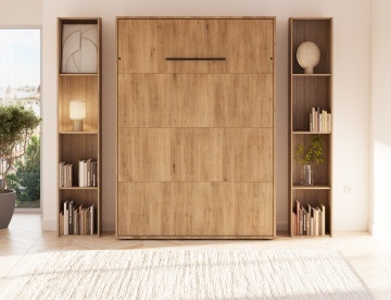 Pat rabatabil ADRK Vivario 140 – 140x200 cm – Stejar Artisan – deschis cu lenjerie bej în ambient, vedere frontală