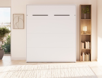 Pat rabatabil ADRK Vivario 160 – 160x200 cm – Alb – deschis cu lenjerie bej în ambient, vedere frontală