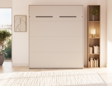 Pat rabatabil ADRK Vivario 160 – 160x200 cm – Cașmir – deschis cu lenjerie bej în ambient, vedere frontală