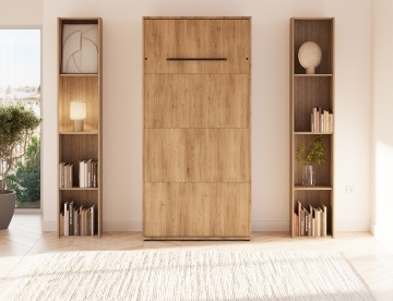 Pat rabatabil ADRK Vivario 90 – 90x200 cm – Stejar Artisan – deschis cu lenjerie bej în ambient, vedere frontală