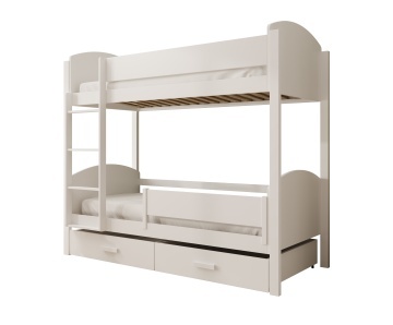 Pat supraetajat ADRK copii Jori – 90x190 cm – cu somieră inclusă – cu ladă de depozitare – cu barieră de protecție – Alb – SKU CH-JOR-W-BAR-200