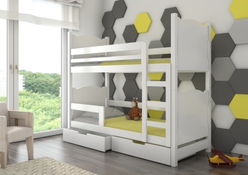 Pat supraetajat ADRK copii MARABA – 75x180 cm – cu somieră inclusă – cu ladă de depozitare – Alb