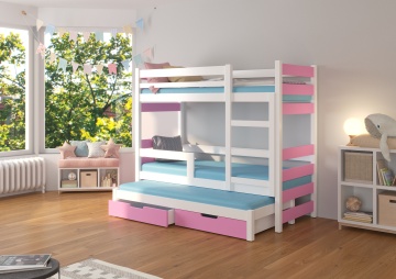 Pat supraetajat ADRK pentru 3 persoane KARLO – 75x180 cm – cu somieră inclusă – cu ladă de depozitare – Alb / Roz