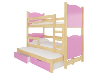 Pat supraetajat ADRK pentru 3 persoane LETICIA – 75x180 cm – Pin / Roz – fotografie de catalog a modelului