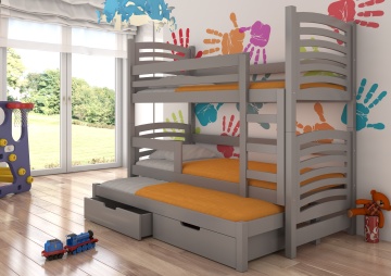 Pat supraetajat ADRK pentru 3 persoane SORIA – 75x180 cm – cu somieră inclusă – cu ladă de depozitare – Gri