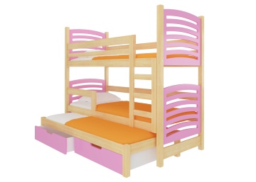 Pat supraetajat ADRK pentru 3 persoane SORIA – 75x180 cm – Pin / Roz – fotografie de catalog a modelului