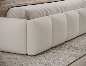 Pat tapițat ELTAP Edvige, 140x200 cm, alb, Soft 17 – detaliu al tapițeriei la colțul cadrului inferior – cadru alternativ al produsului