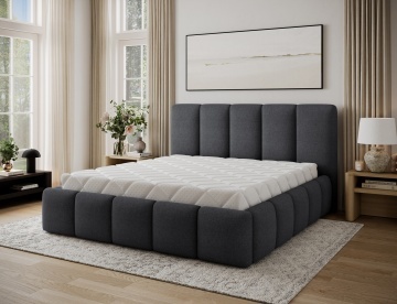 Pat tapițat ELTAP Edvige, 140x200 cm, gri închis, Sawana 05 – în ambient cu salteaua vizibilă și fără lenjerie – prezentare suplimentară a modelului