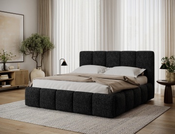 Pat tapițat ELTAP Edvige, 140x200 cm, negru, Berlin 02 – amenajat într-un dormitor, vedere trei sferturi din lateral – prezentare suplimentară a modelului