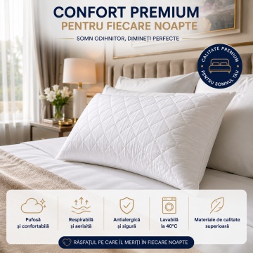 Pernă matlasată premium 50x70 cm amplasată pe un pat într-un dormitor modern