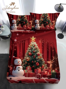 Set lenjerie Crăciun 4 piese 1 persoană | roșu | Snowman & Christmas Tree | Johnny Home