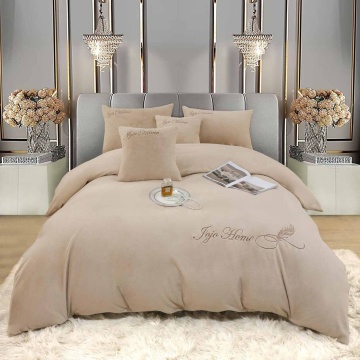 Set lenjerie de pat cu broderie, microfibra plusata, pat 2 persoane, 6 piese, bej, LBB-05
