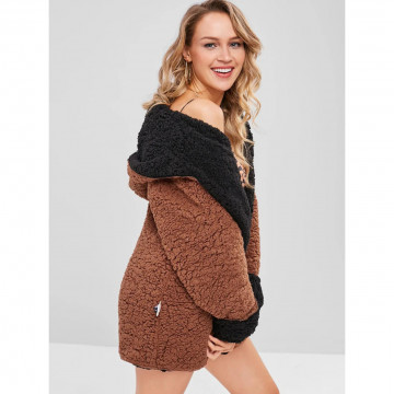 Двулицево палто с качулка Teddy Coat, кафяво/черно, плюшено, WFF-01