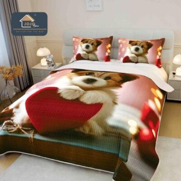 Cuvertură matlasată 5D rosu si maro cu cățel și inimă JOJO HOME – 3 piese