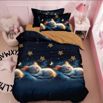 Lenjerie de pat 1 persoană Dreamy Cat 4 piese, cu cearceaf cu elastic, Policoton – Johnny Home