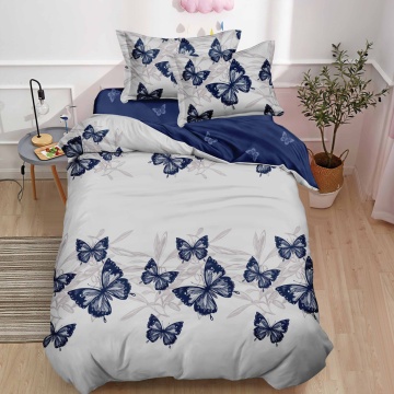 Lenjerie de pat 1 persoană Fluturi Navy 4 piese, cu cearceaf cu elastic, Policoton – Johnny Home Pucioasa