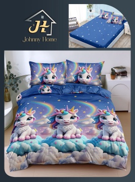 Lenjerie de pat cu elastic 2 persoane | albastra cu unicorni si curcubeu | 4 piese | Policoton fin | Johnny Home