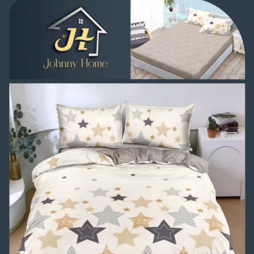 Lenjerie de pat cu elastic 2 persoane | crem cu stelute bej si gri | 4 piese | Policoton fin | Johnny Home