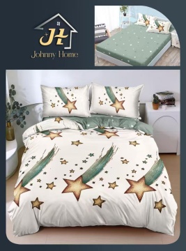 Lenjerie de pat cu elastic 2 persoane | verde salvie cu stele | 4 piese | Policoton fin | Johnny Home