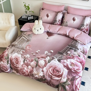 Lenjerie de pat 5D JOJO HOME cu trandafiri roz, arhitectură pariziană și balon cu aer cald
