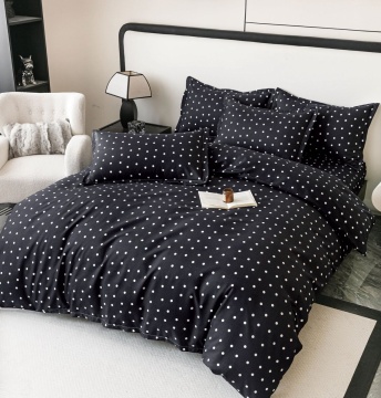 Lenjerie de pat finet, 2 persoane, 6 piese, fără elastic, buline, negru și alb, JoJo Home, FNJ-509