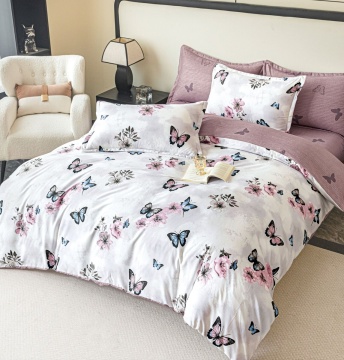 Lenjerie de pat finet, 2 persoane, 6 piese, fără elastic, fluturi, alb și roz pudră, JoJo Home, FNJ-499