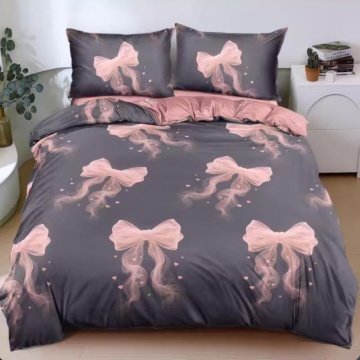 Lenjerie de pat gri cu funde roz elegante, 4 piese, policoton