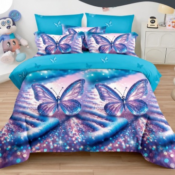 Lenjerie de pat Johnny Home Pucioasa, 6 piese, finet, model fluturi albastru/turcoaz, 2 persoane