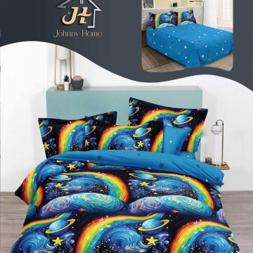 Lenjerie de pat Johnny Home Pucioasa, 6 piese, finet, model galaxie multicolor pe fundal bleumarin, 2 persoane