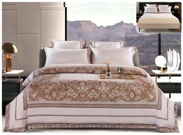 Lenjerie pat satin digital ornamental clasic | Ivory | 6 piese | 2 persoane | Cu elastic