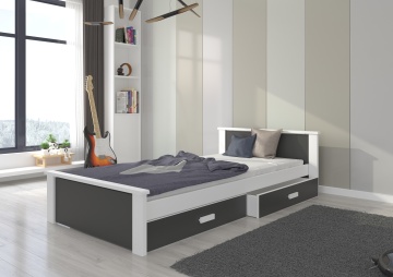 Pat copii ADRK ALDEX – 80x180 cm – cu somieră inclusă – cu ladă de depozitare – Alb / Charcoal – PAL laminat 16 mm